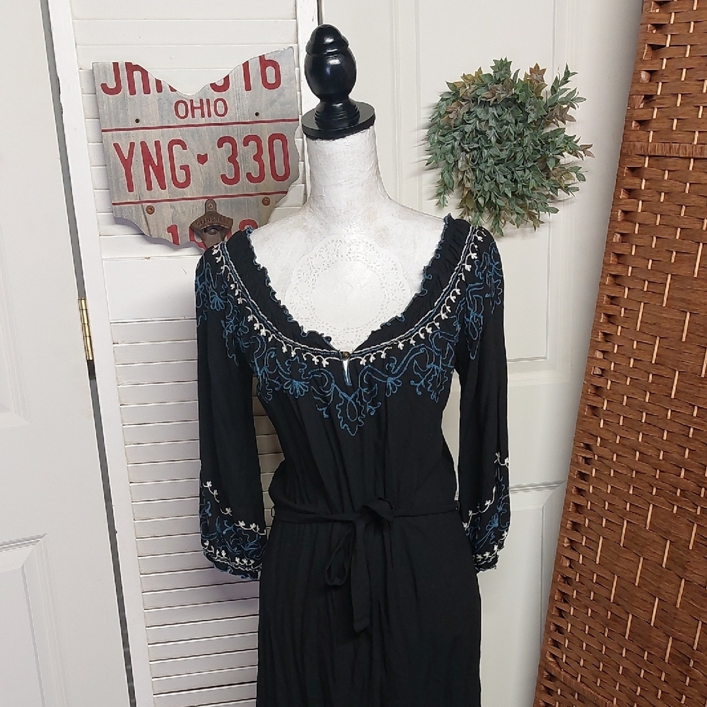 Lucky Brand, Black Dress with Blue Embroidery, Small